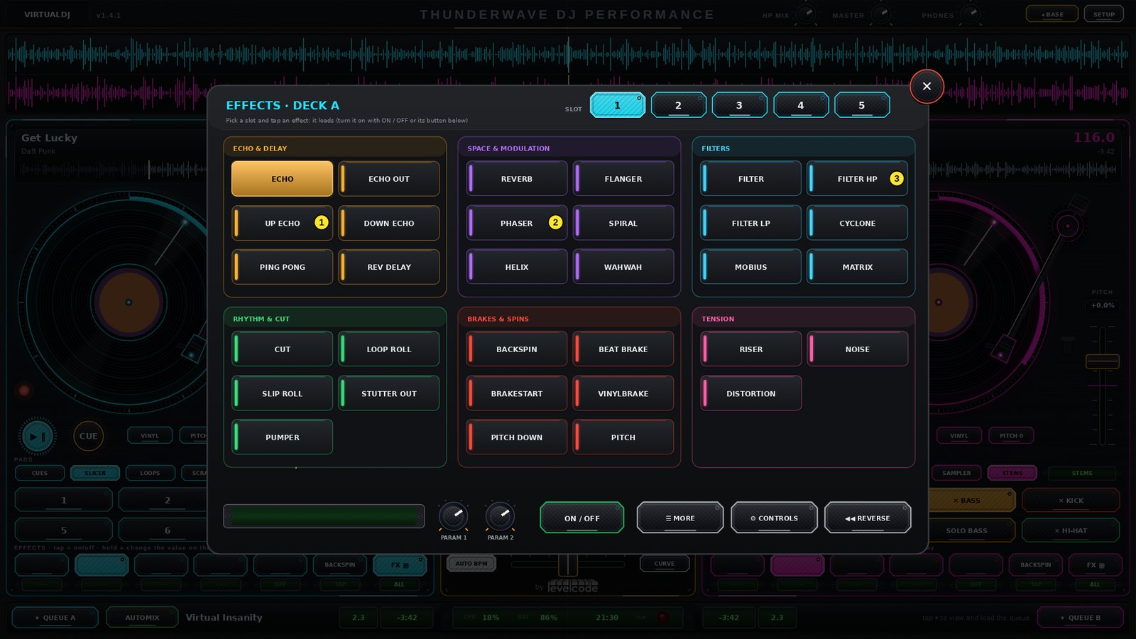 ThunderWave DJ effects window: 32 effects in 6 categories