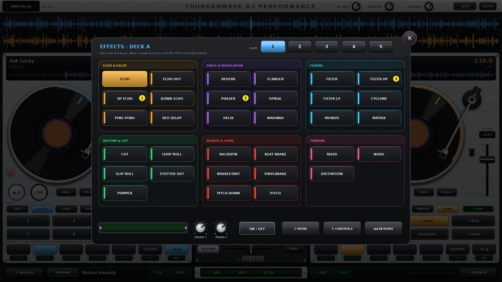 ThunderWave DJ effects window: 32 effects in 6 categories