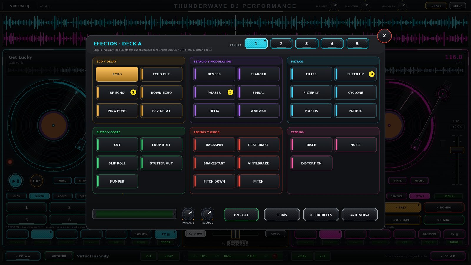 Ventana de efectos de ThunderWave DJ: 32 efectos en 6 categorías