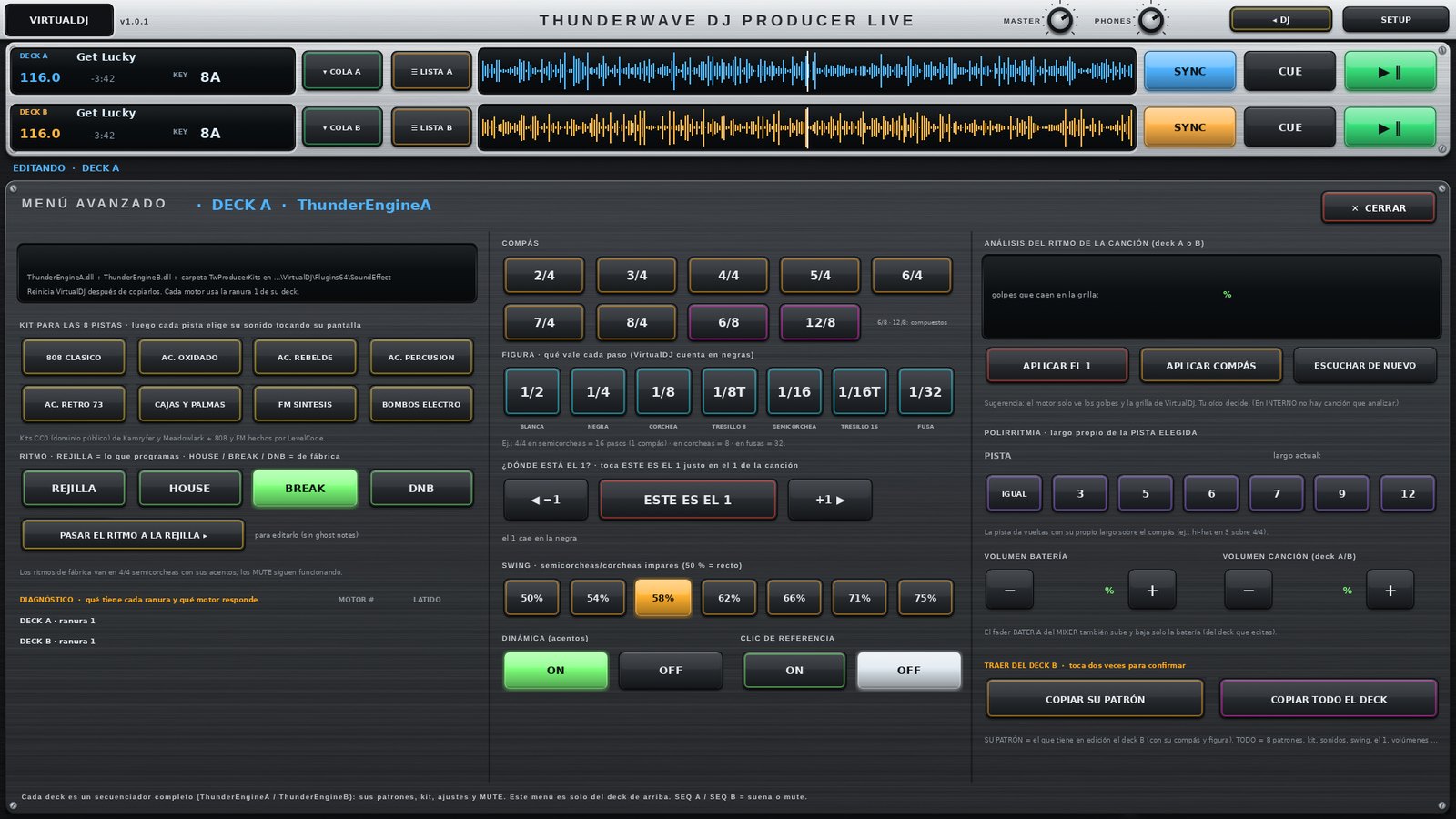 Menú avanzado de ThunderWave DJ PRODUCER LIVE