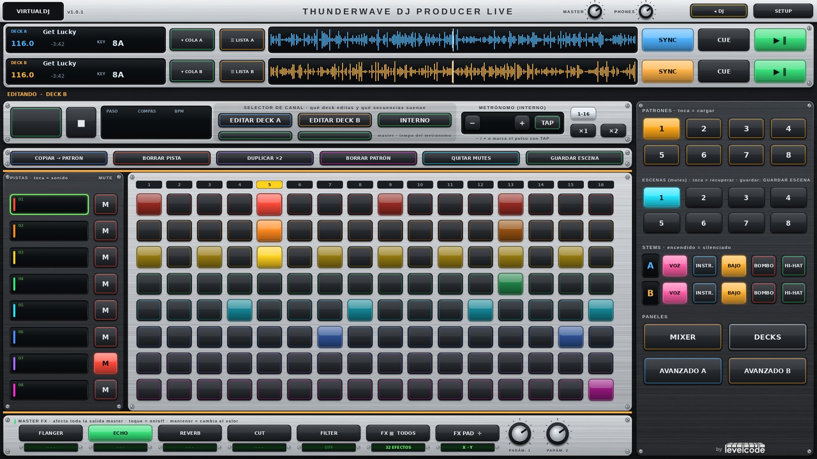 Edición del deck B en ThunderWave DJ PRODUCER LIVE